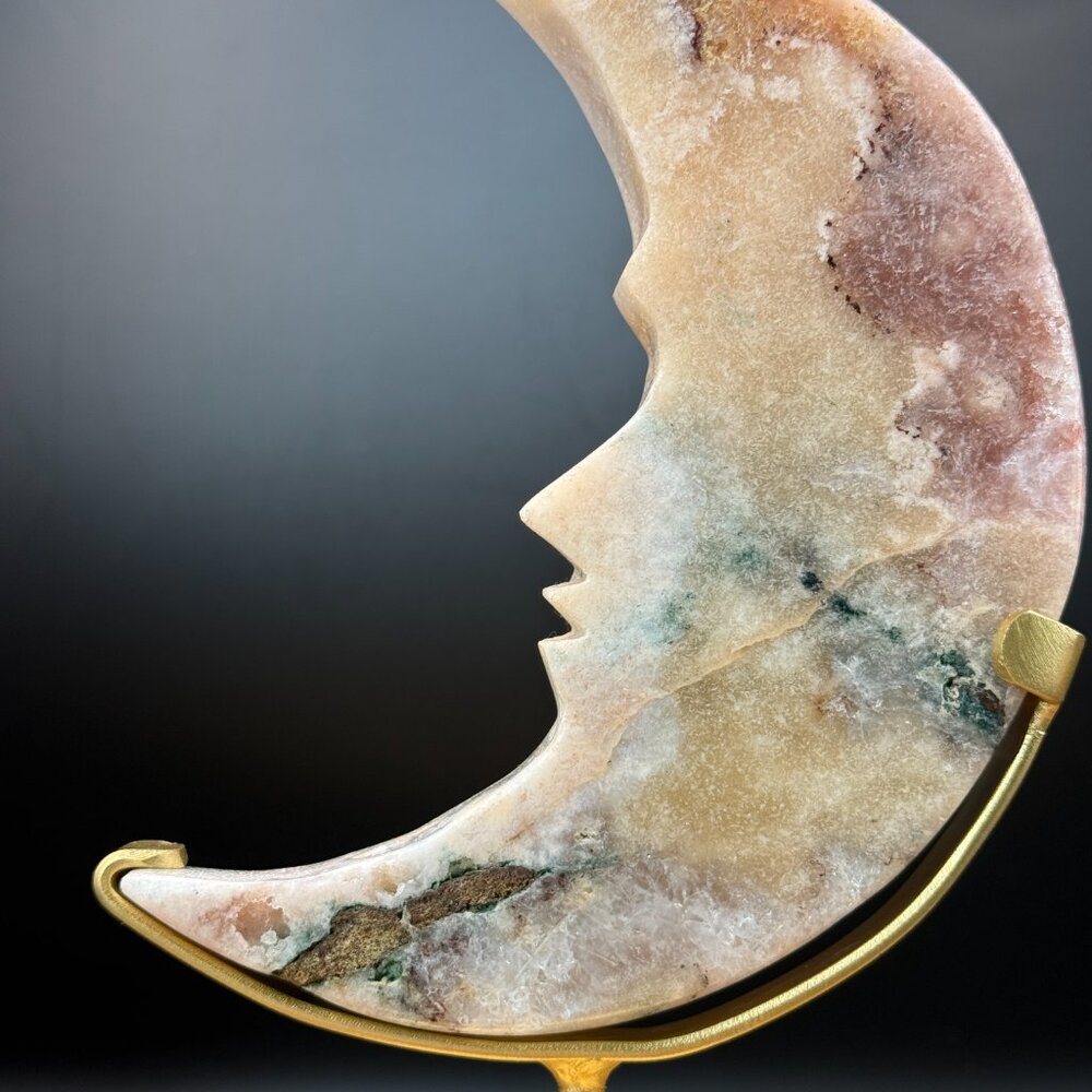 Pink Amethyst Green Jasper Agate Moon Face Profile Carving Druzy Crystal Natural - Picture 6 of 9